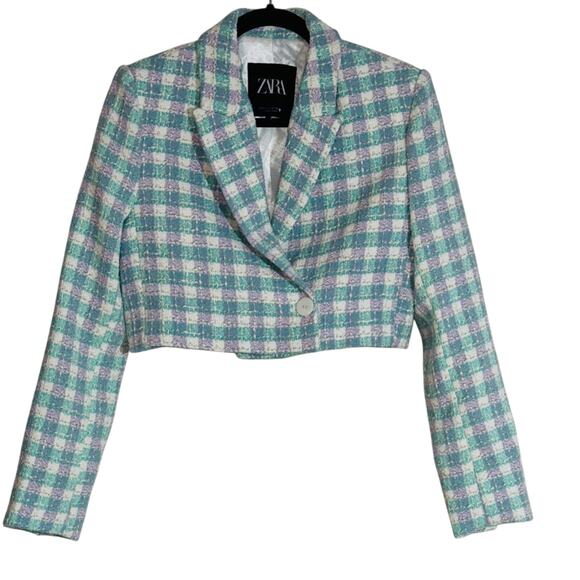 ZARA Textured Cropped Blazer Bloggers Fave Aqua Lavender Size S - Picture 1 of 5